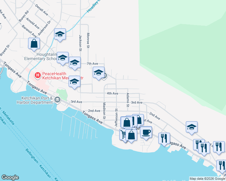 map of restaurants, bars, coffee shops, grocery stores, and more near 560-564 Jefferson Street in Ketchikan