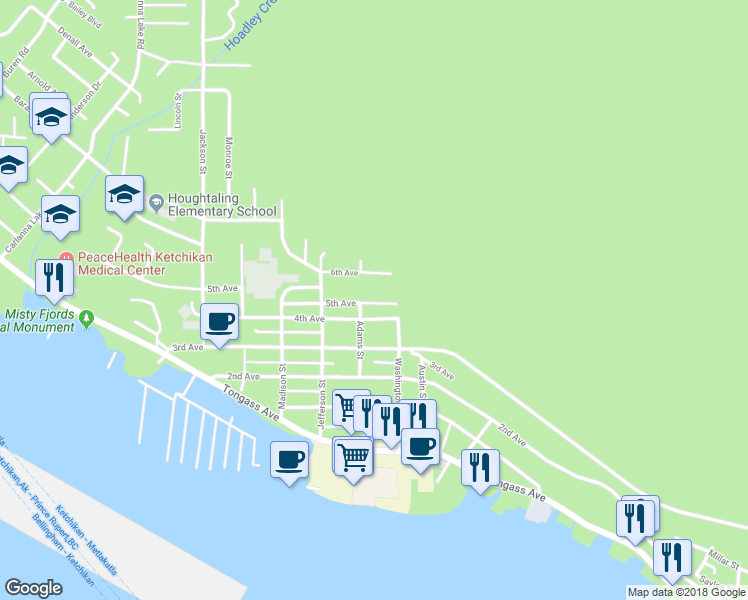 map of restaurants, bars, coffee shops, grocery stores, and more near 2331 5th Avenue in Ketchikan