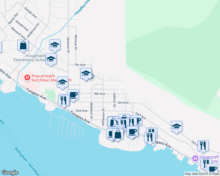 map of restaurants, bars, coffee shops, grocery stores, and more near 2415 5th Avenue in Ketchikan