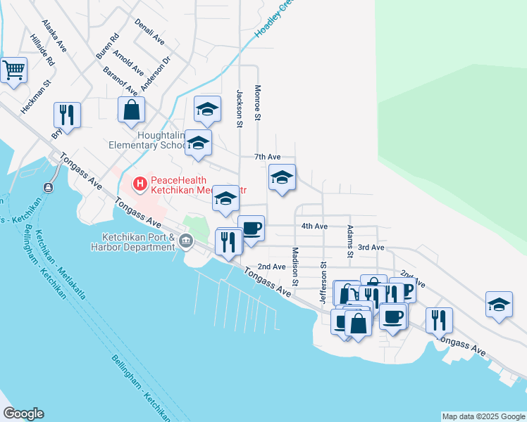 map of restaurants, bars, coffee shops, grocery stores, and more near 525 Monroe St in Ketchikan