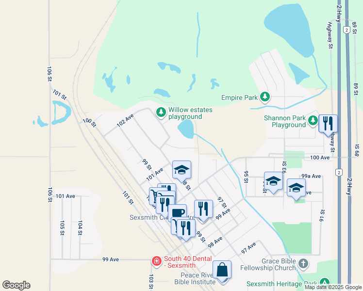 map of restaurants, bars, coffee shops, grocery stores, and more near 10124 98A Street in Sexsmith