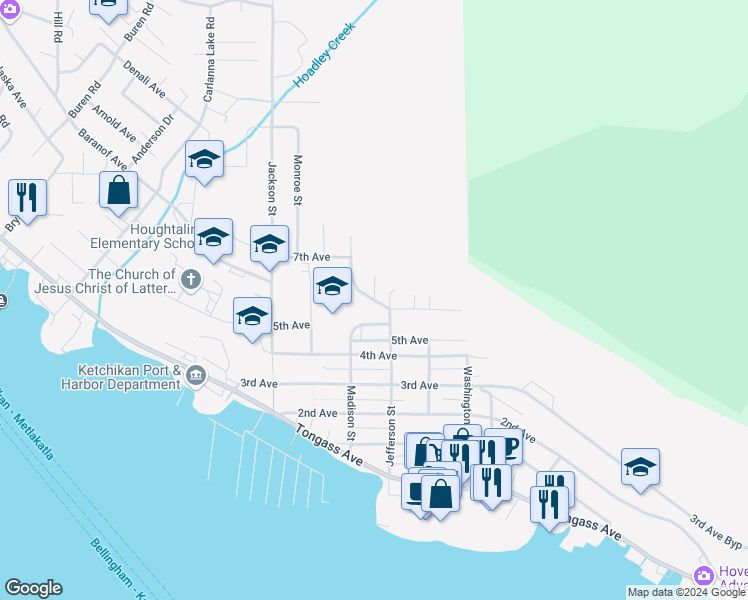map of restaurants, bars, coffee shops, grocery stores, and more near 700 College Court in Ketchikan