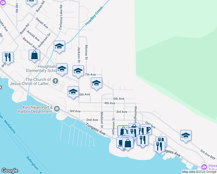 map of restaurants, bars, coffee shops, grocery stores, and more near 701 College Court in Ketchikan