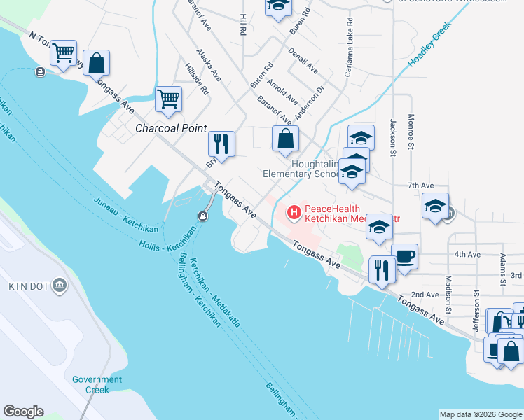 map of restaurants, bars, coffee shops, grocery stores, and more near Dale Street in Ketchikan