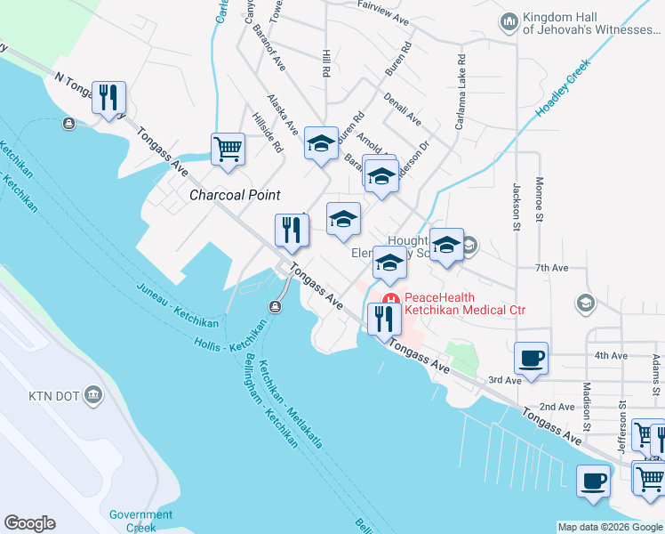 map of restaurants, bars, coffee shops, grocery stores, and more near Dale Street in Ketchikan