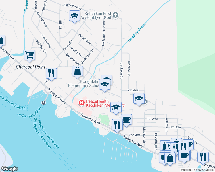 map of restaurants, bars, coffee shops, grocery stores, and more near 2940 Baranof Avenue in Ketchikan
