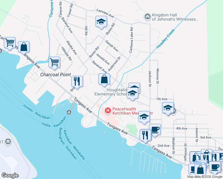 map of restaurants, bars, coffee shops, grocery stores, and more near 407 Carlanna Lake Rd in Ketchikan