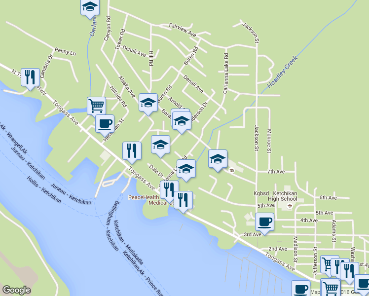 map of restaurants, bars, coffee shops, grocery stores, and more near 407 Carlanna Lake Rd in Ketchikan