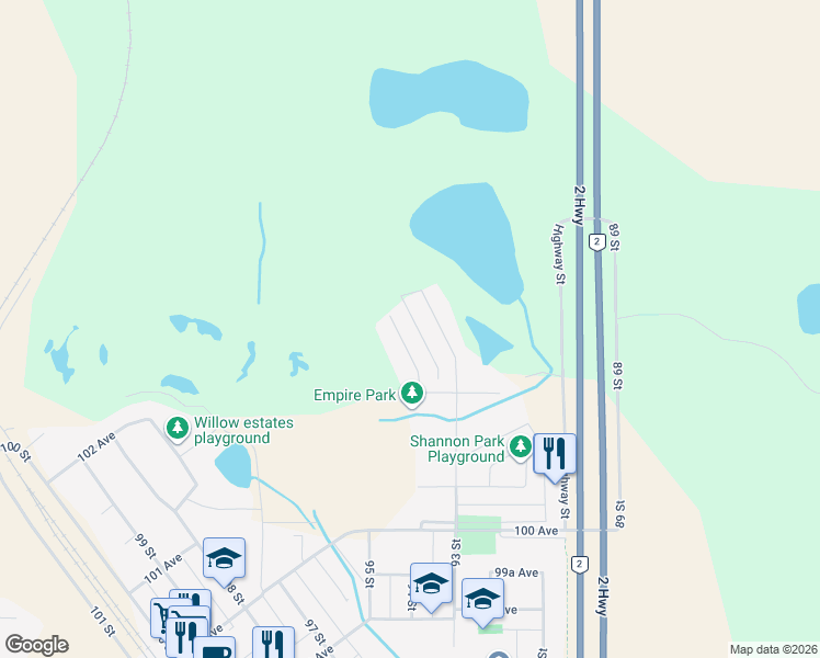 map of restaurants, bars, coffee shops, grocery stores, and more near 10237 93 Street in Sexsmith