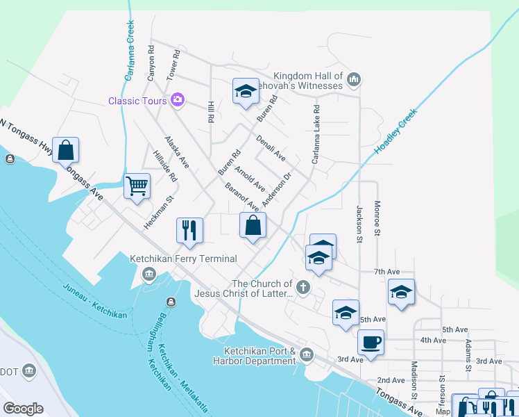 map of restaurants, bars, coffee shops, grocery stores, and more near Baranof Avenue in Ketchikan