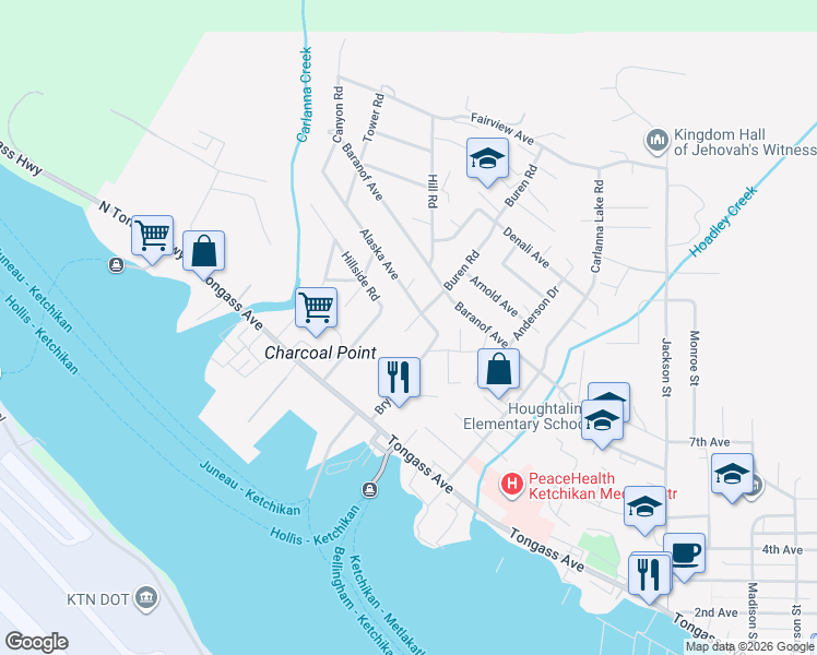 map of restaurants, bars, coffee shops, grocery stores, and more near 331 Buren Road in Ketchikan