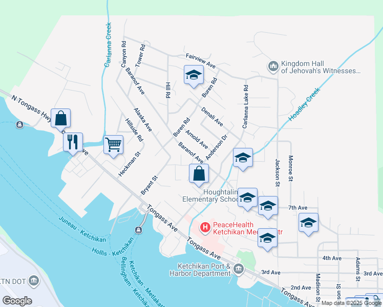 map of restaurants, bars, coffee shops, grocery stores, and more near Baranof Avenue in Ketchikan
