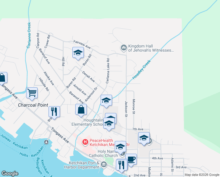 map of restaurants, bars, coffee shops, grocery stores, and more near 850-888 Carlanna Lake Road in Ketchikan