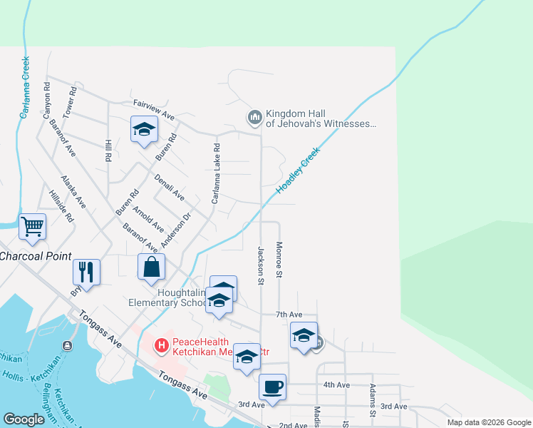 map of restaurants, bars, coffee shops, grocery stores, and more near 1008 Jackson Street in Ketchikan