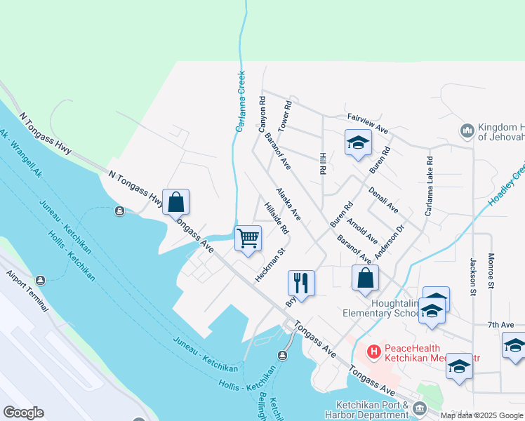 map of restaurants, bars, coffee shops, grocery stores, and more near 245 Tower Road in Ketchikan