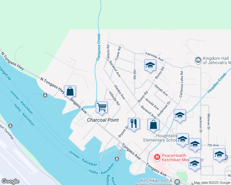 map of restaurants, bars, coffee shops, grocery stores, and more near 319 Garden Lane in Ketchikan