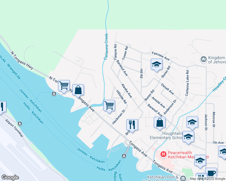 map of restaurants, bars, coffee shops, grocery stores, and more near 245 Tower Road in Ketchikan