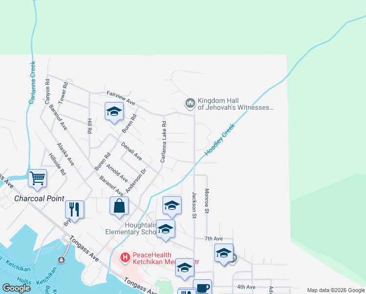 map of restaurants, bars, coffee shops, grocery stores, and more near Evergreen Terrace in Ketchikan