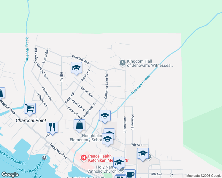 map of restaurants, bars, coffee shops, grocery stores, and more near Evergreen Terrace in Ketchikan