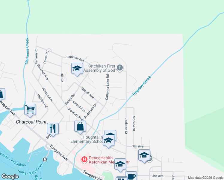 map of restaurants, bars, coffee shops, grocery stores, and more near Evergreen Terrace in Ketchikan