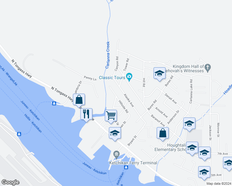 map of restaurants, bars, coffee shops, grocery stores, and more near 3900 Hillside Road in Ketchikan