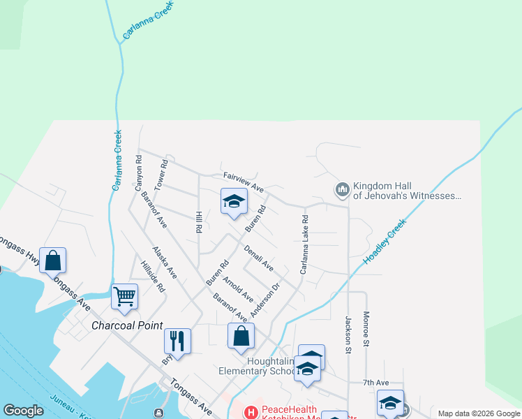 map of restaurants, bars, coffee shops, grocery stores, and more near 830-898 Buren Road in Ketchikan