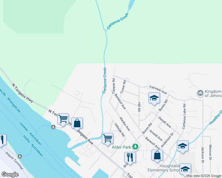 map of restaurants, bars, coffee shops, grocery stores, and more near 517 Canyon Road in Ketchikan