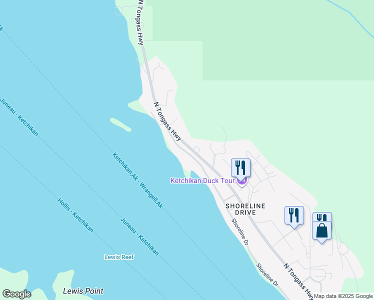 map of restaurants, bars, coffee shops, grocery stores, and more near 5795-5799 North Tongass Highway in Ketchikan