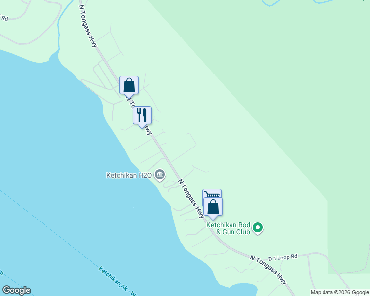 map of restaurants, bars, coffee shops, grocery stores, and more near 10968 Brentwood Lane in Ketchikan
