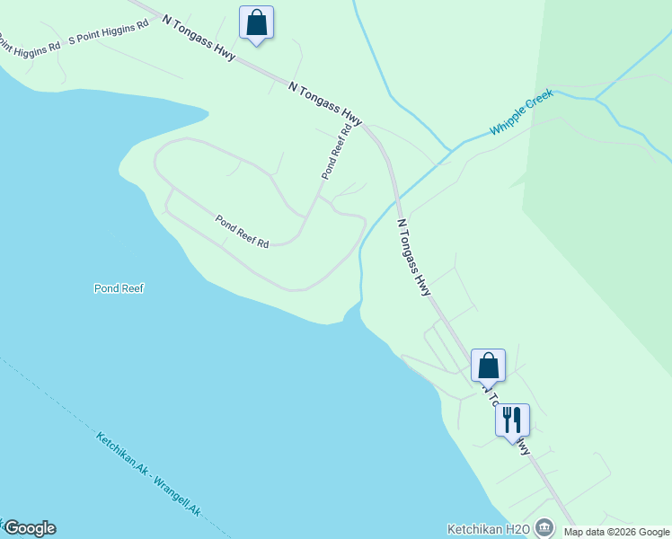 map of restaurants, bars, coffee shops, grocery stores, and more near 1102-1164 Pond Reef Road in Ketchikan