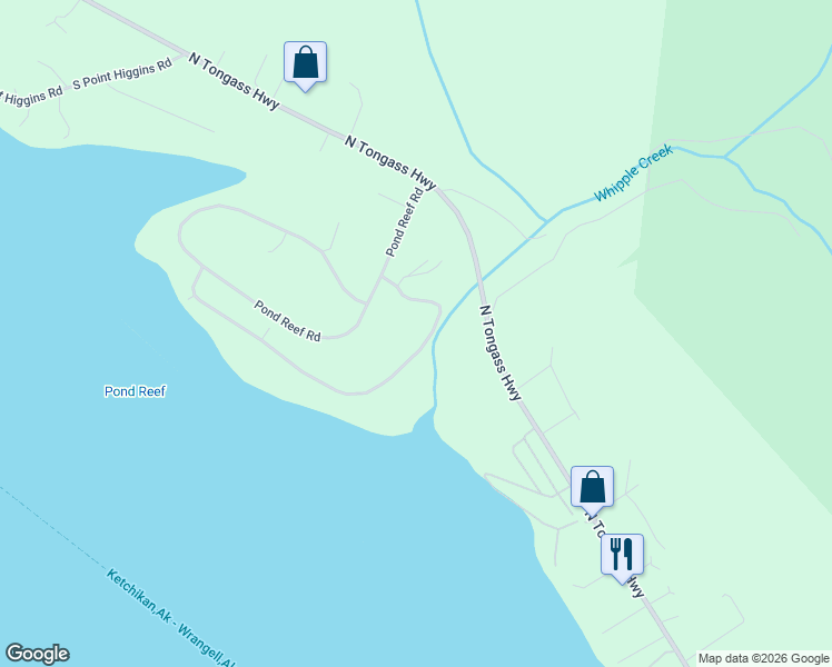 map of restaurants, bars, coffee shops, grocery stores, and more near 1102 Pond Reef Road in Ketchikan