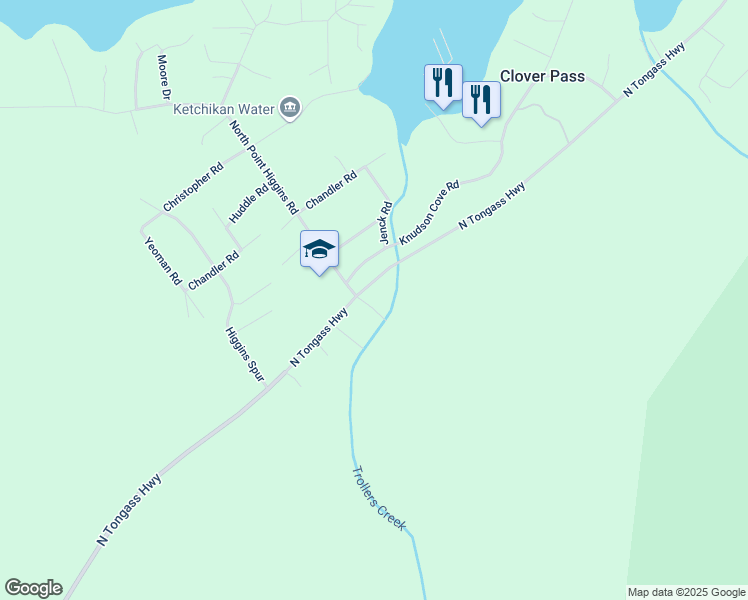 map of restaurants, bars, coffee shops, grocery stores, and more near 14194 Trollers Road in Ketchikan