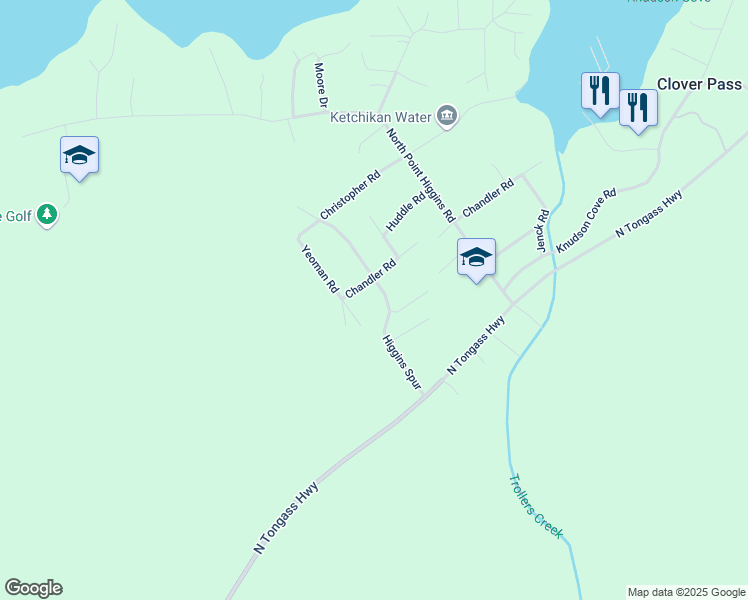 map of restaurants, bars, coffee shops, grocery stores, and more near 191 Higgins Spur in Ketchikan