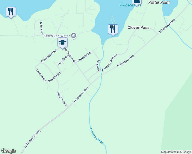 map of restaurants, bars, coffee shops, grocery stores, and more near 14194 Trollers Road in Ketchikan