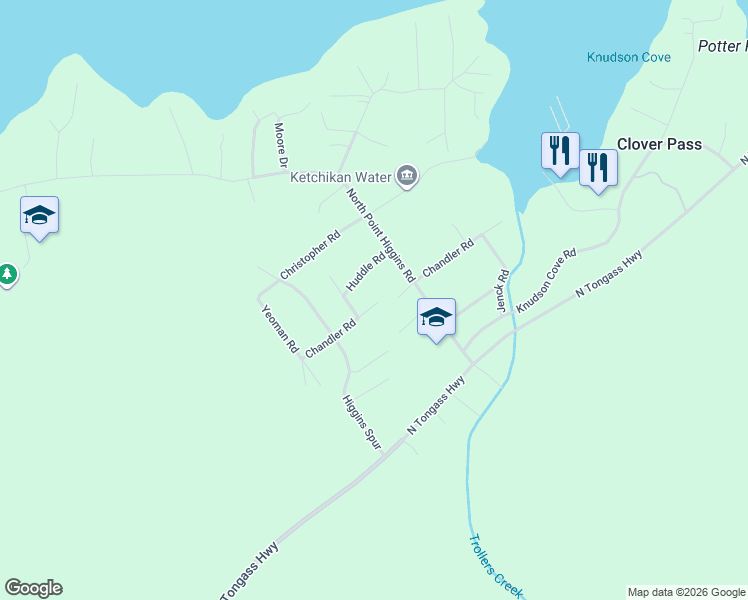 map of restaurants, bars, coffee shops, grocery stores, and more near 223 Chandler Road in Ketchikan