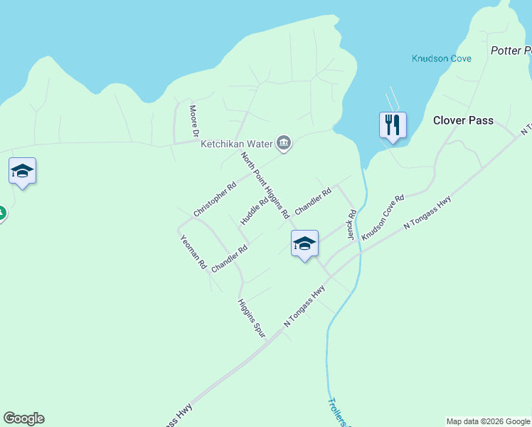 map of restaurants, bars, coffee shops, grocery stores, and more near 223 Chandler Road in Ketchikan