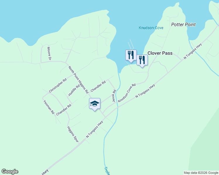 map of restaurants, bars, coffee shops, grocery stores, and more near 113 Jenck Road in Ketchikan