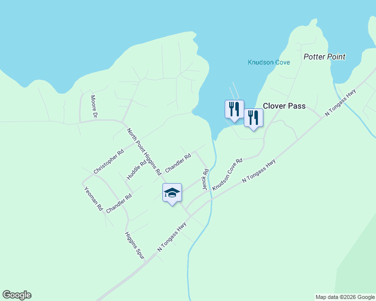 map of restaurants, bars, coffee shops, grocery stores, and more near 113 Jenck Road in Ketchikan