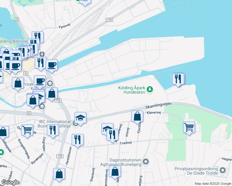 map of restaurants, bars, coffee shops, grocery stores, and more near in Kolding