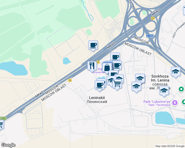 map of restaurants, bars, coffee shops, grocery stores, and more near Moskovskaya Koltsevaya Avtomobilnaya Doroga in Moskva