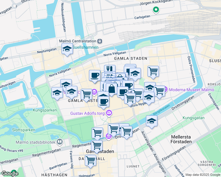 map of restaurants, bars, coffee shops, grocery stores, and more near 14 Södergatan in Malmö