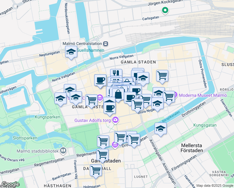 map of restaurants, bars, coffee shops, grocery stores, and more near 14 Södergatan in Malmö