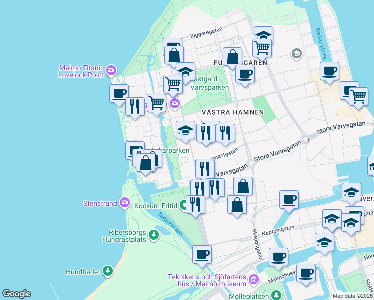 map of restaurants, bars, coffee shops, grocery stores, and more near 10 Västra Varvsgatan in Malmö
