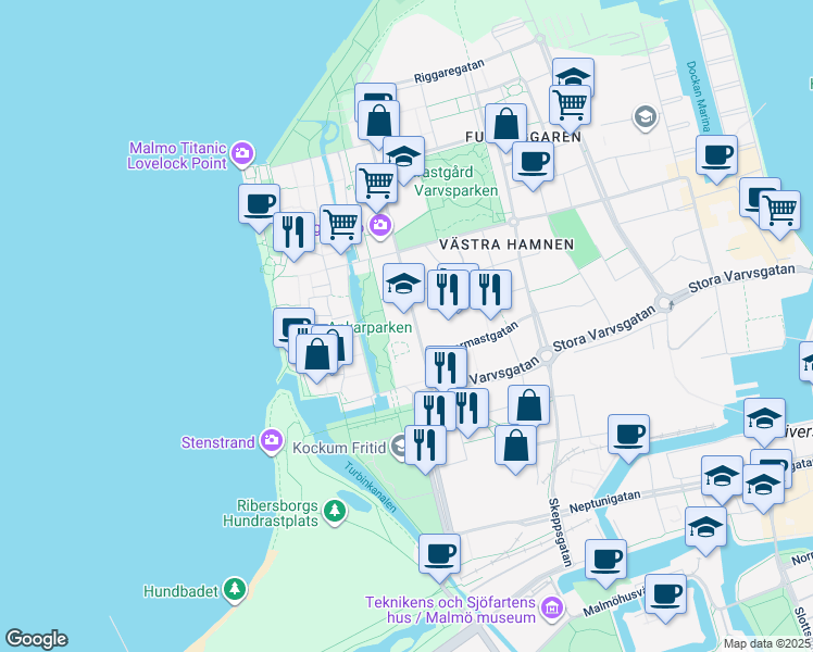 map of restaurants, bars, coffee shops, grocery stores, and more near 10 Västra Varvsgatan in Malmö