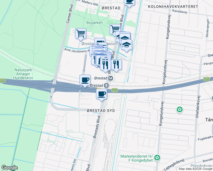 map of restaurants, bars, coffee shops, grocery stores, and more near in København