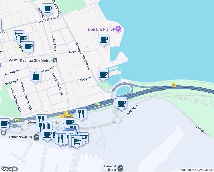 map of restaurants, bars, coffee shops, grocery stores, and more near in Kastrup