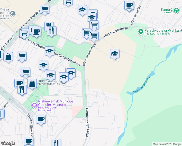 map of restaurants, bars, coffee shops, grocery stores, and more near in Nizhnekamsk