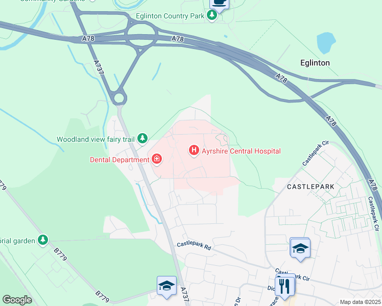 map of restaurants, bars, coffee shops, grocery stores, and more near Kilwinning Road in North Ayrshire Council