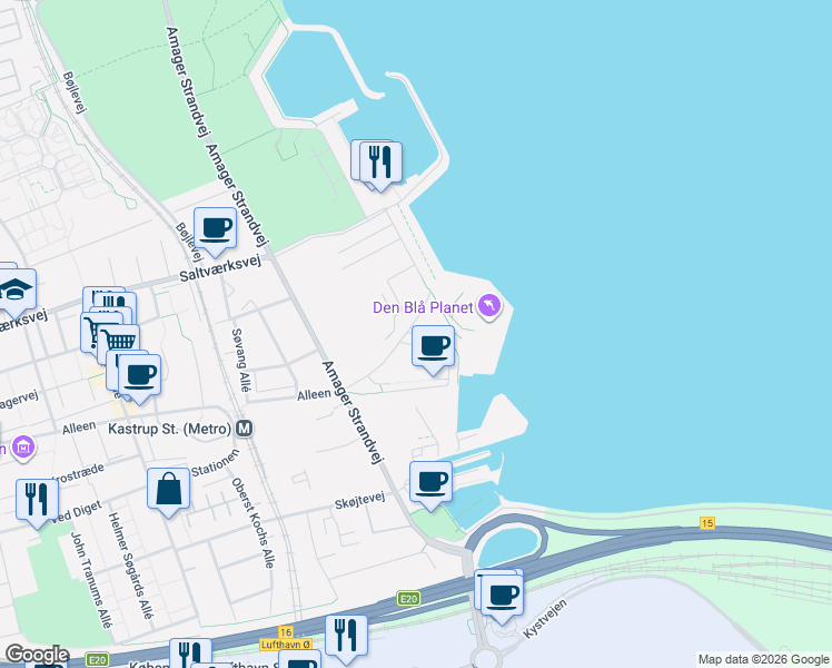 map of restaurants, bars, coffee shops, grocery stores, and more near Kajakvej in Kastrup