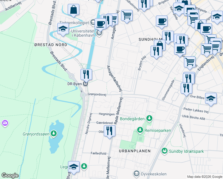 map of restaurants, bars, coffee shops, grocery stores, and more near in København
